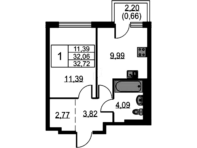 1-комнатная квартира 32.72 м², 5/12 эт., ЖК «Невская Долина»